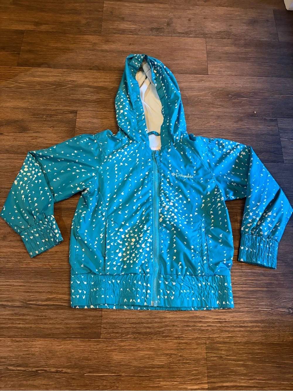 Columbia Girls Lined Windbreaker Blue Full Zip Printed Hooded Jacket